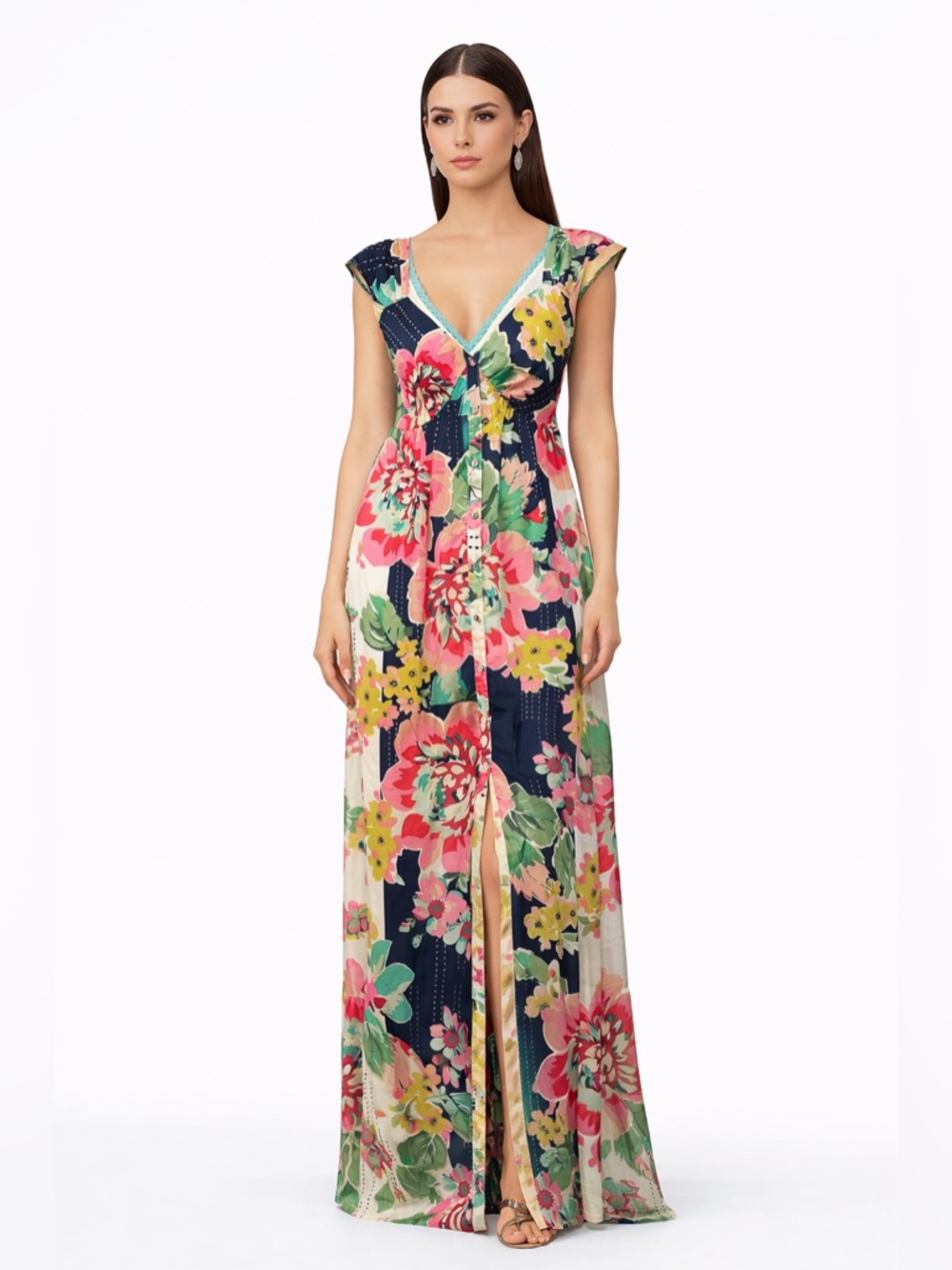 Floral V-Neck Maxi Dress in Navy and Multi